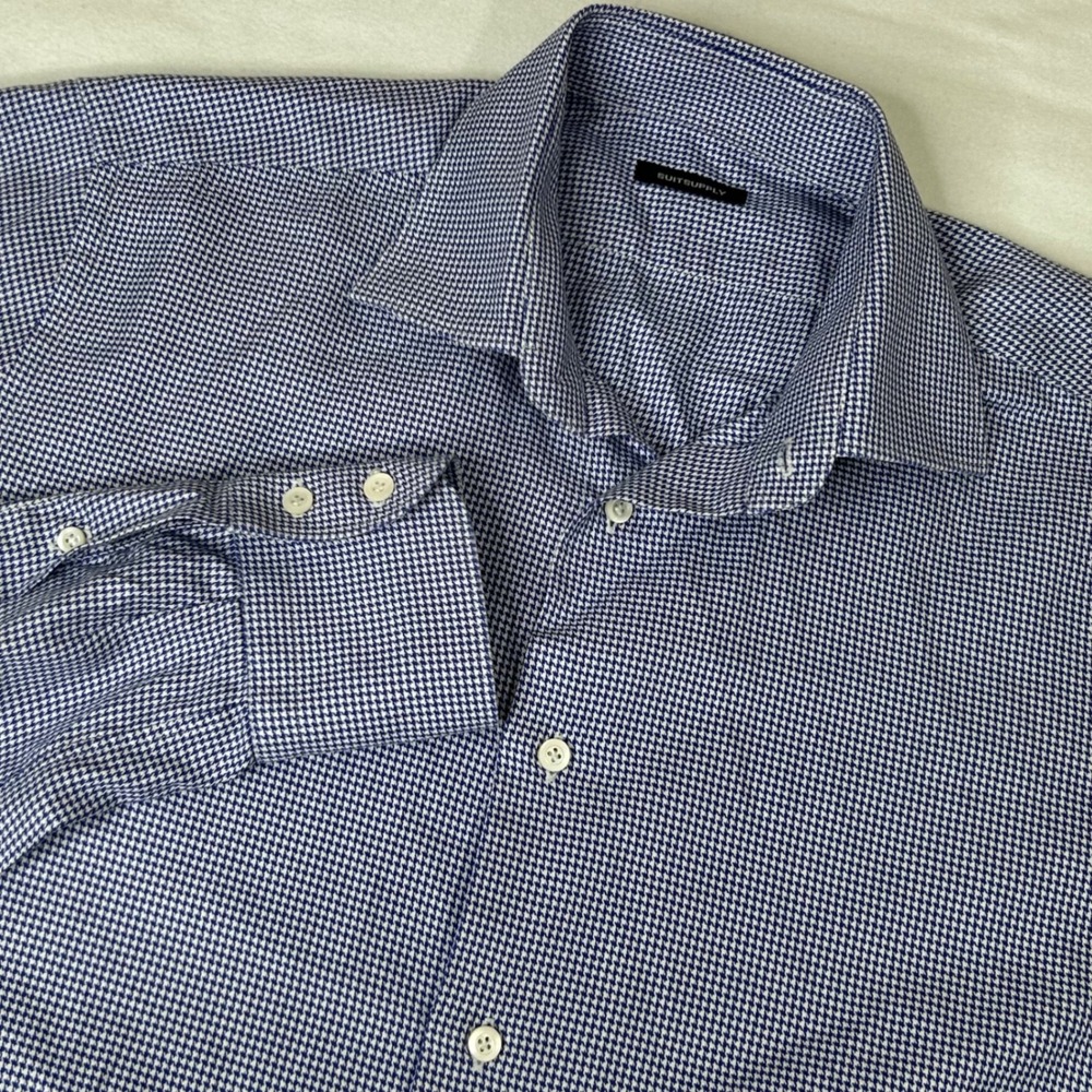 Suitsupply Mens Blue White Houndstooth Cotton Dress‎ Shirt See Description